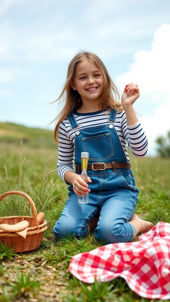 Une fille portant une salopette en jean et une chemise rayée, souriant tout en tenant un verre à boire, avec un décor de pique-nique en arrière-plan.