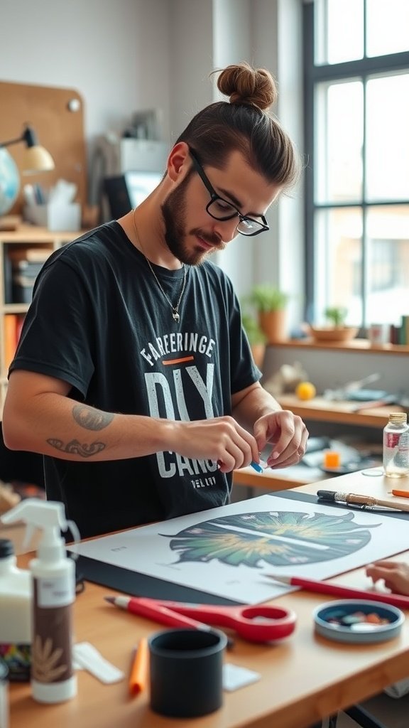 Une femme conçoit un t-shirt graphique personnalisé dans un espace de travail lumineux.