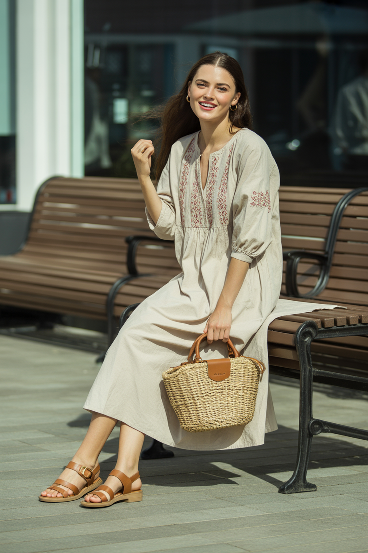 Vestido Túnica Bordado com Sandálias de Couro