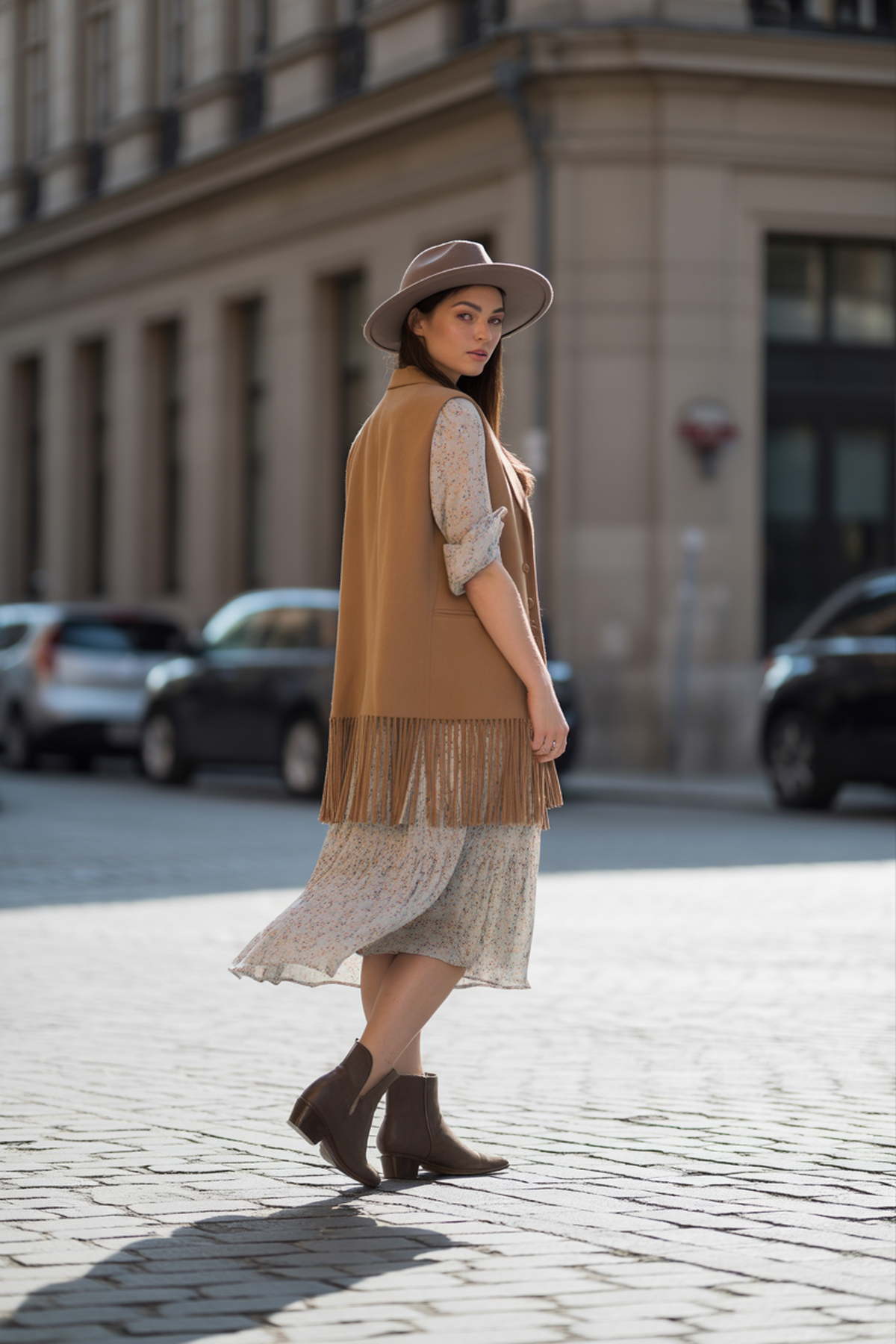 Colete com Franjas Sobre Vestido Floral