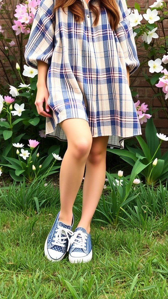 Une personne portant une robe à carreaux et des baskets bleues debout sur l'herbe avec des fleurs autour.
