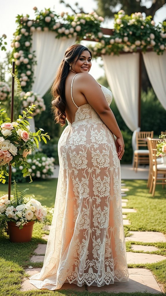 Une femme grande taille dans une robe en dentelle au design élégant, souriant dans un décor de jardin entouré de fleurs.