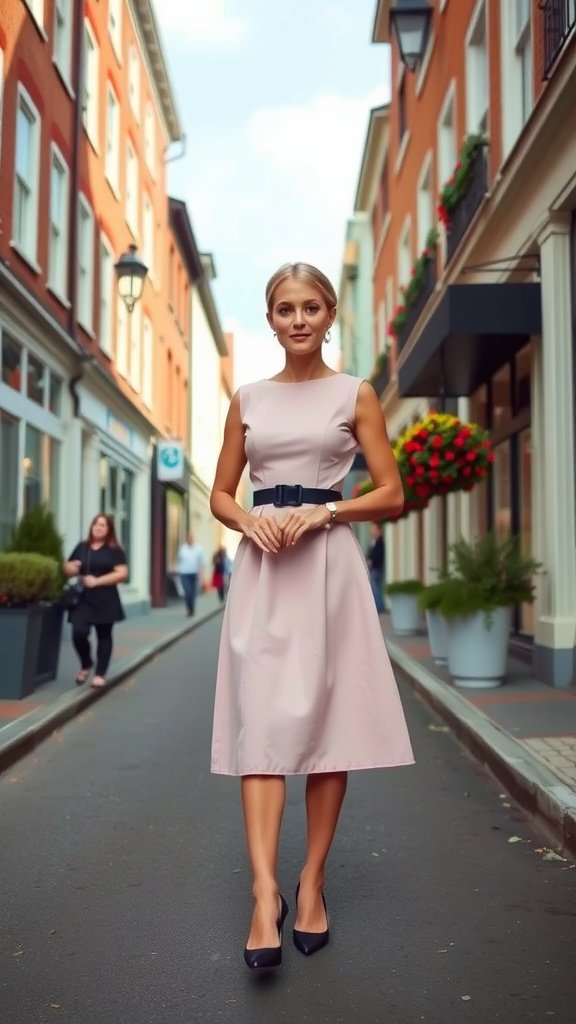 Une femme portant une robe rose longue jusqu'aux genoux avec des talons hauts, debout dans une charmante rue avec des bâtiments colorés.