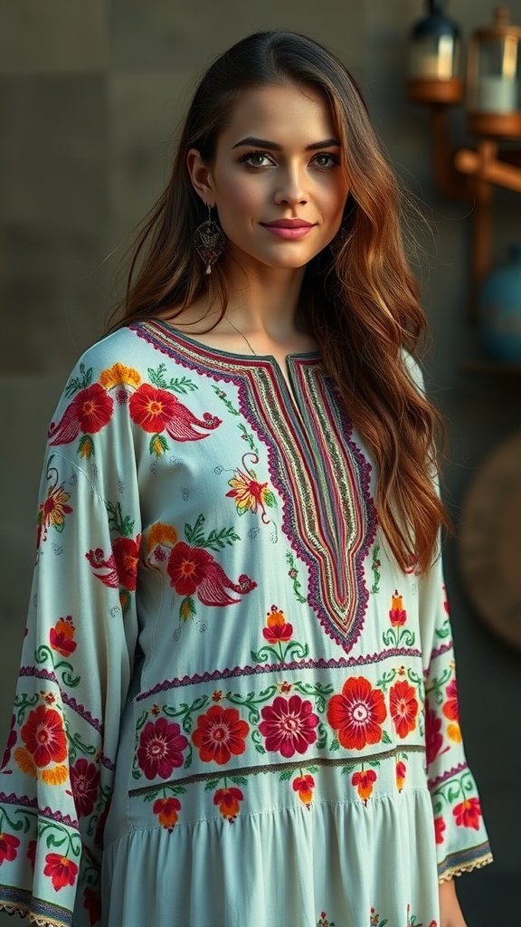 Robe bohème brodée suspendue dans un champ de fleurs colorées