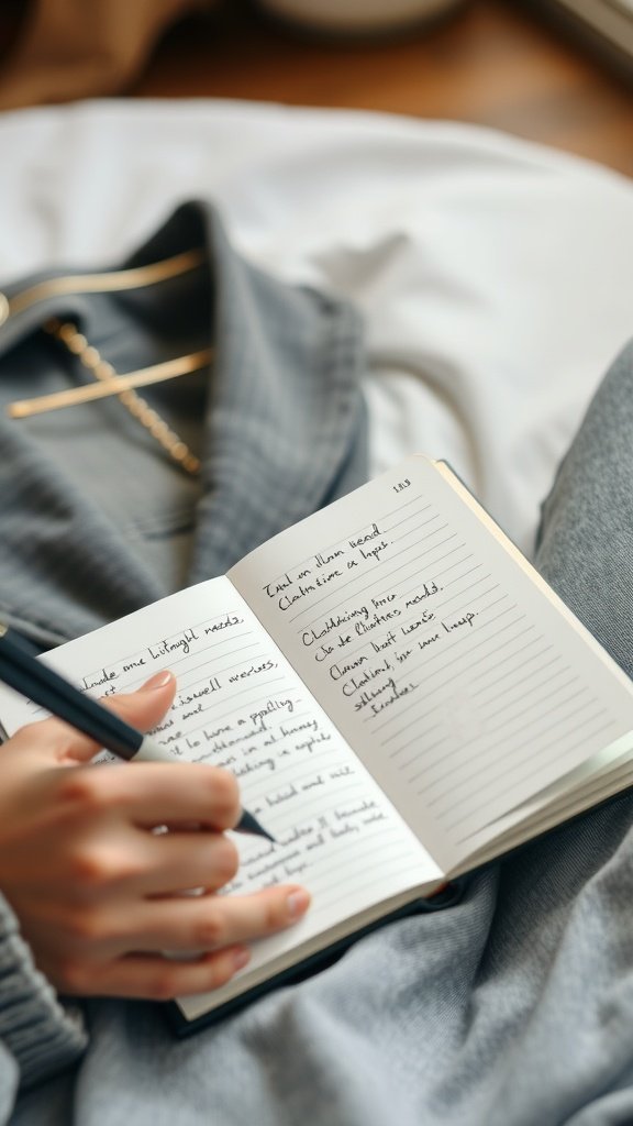Une personne écrivant dans un cahier ses besoins en matière de mode, avec une tenue confortable drapée à proximité.
