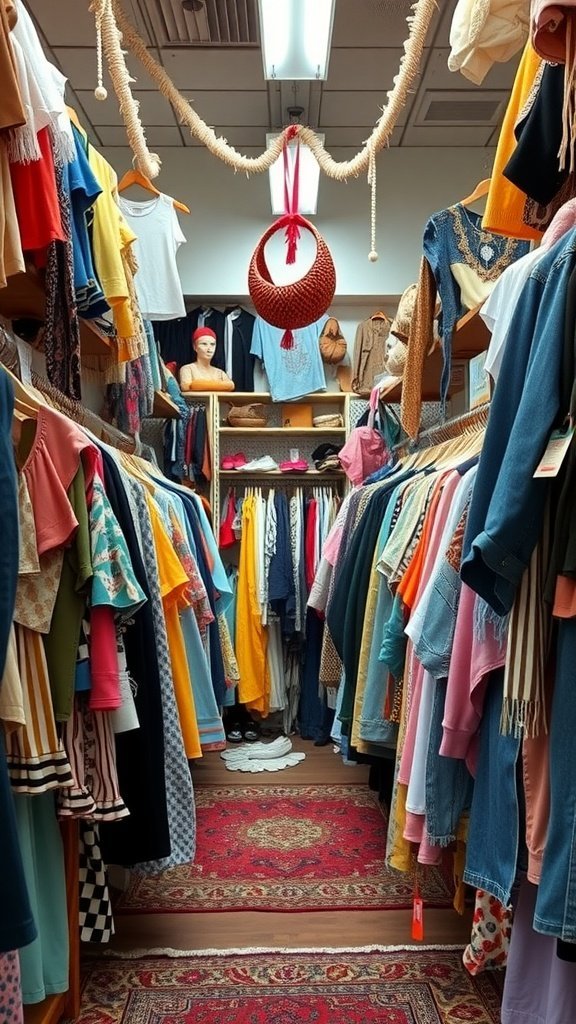Une allée colorée de friperie remplie de divers articles vestimentaires sur des supports, offrant une atmosphère chaleureuse avec une touche décorative.