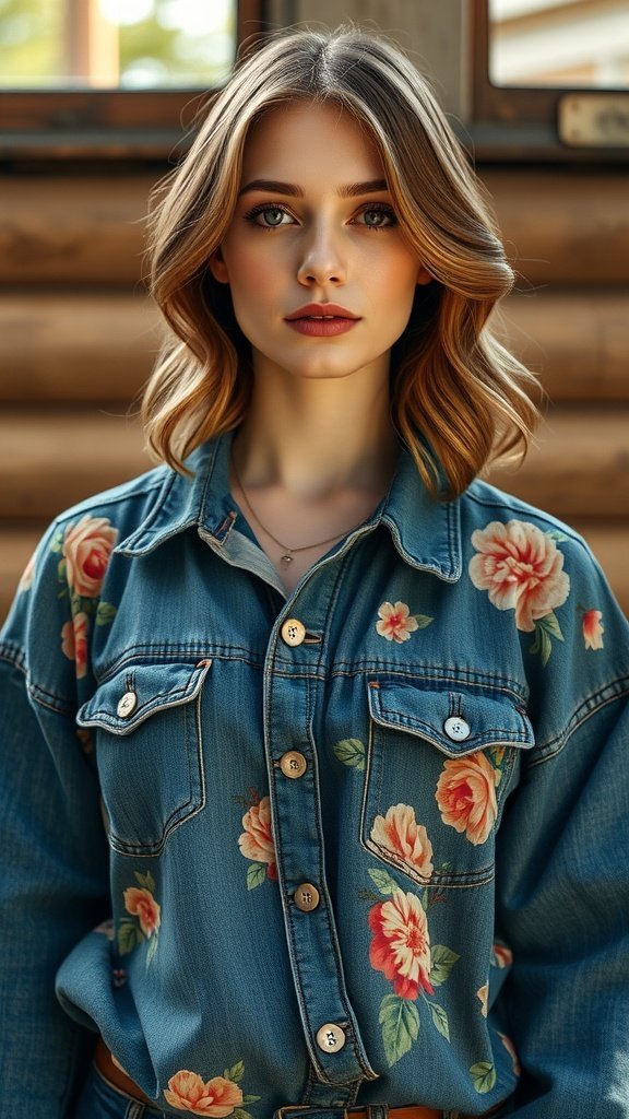 Une femme portant un chemisier en jean fleuri, affichant un look décontracté mais élégant.
