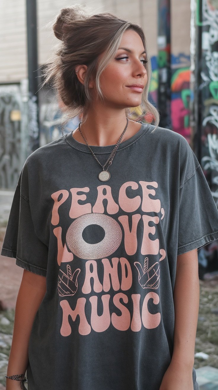 Une jeune femme portant un t-shirt graphique sur lequel est écrit « Paix, amour et musique » sur un fond urbain coloré.