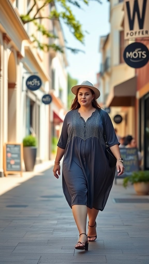 Une femme marchant avec assurance dans une robe droite et un chapeau, présentant un look d'été décontracté.