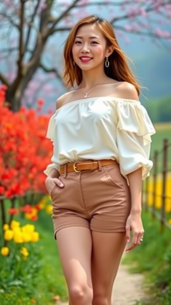Une femme dans un chemisier à épaules dénudées et un short séduisant, souriant dans un décor printanier coloré.