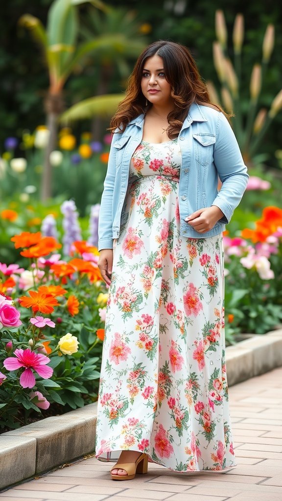 Une femme portant une robe longue fleurie et une veste en jean légère, debout dans un jardin de fleurs colorées.