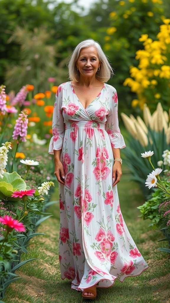 Une femme dans une robe longue fleurie debout parmi des fleurs colorées