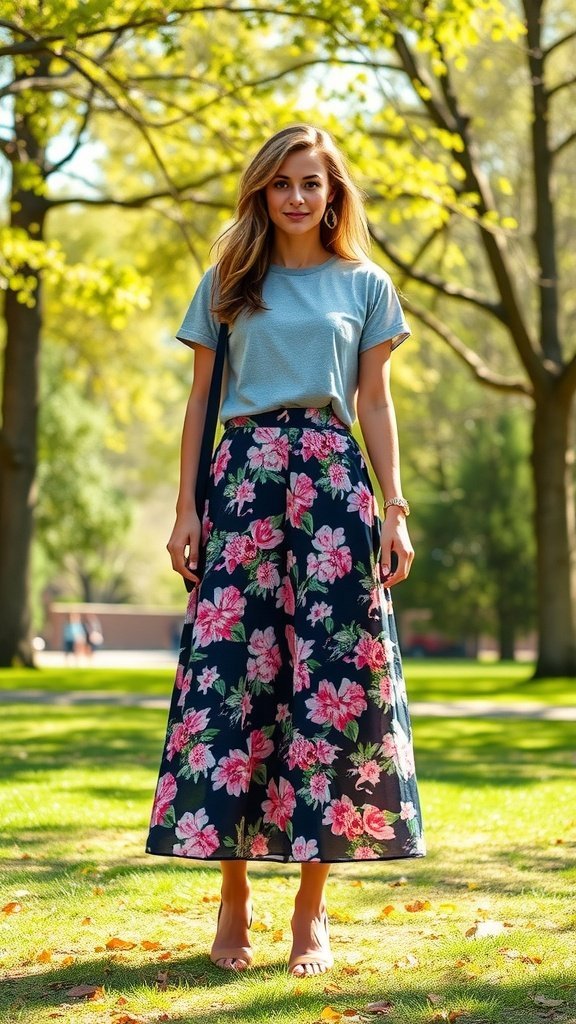 Une femme portant une jupe longue fleurie et un t-shirt graphique, debout dans un parc.
