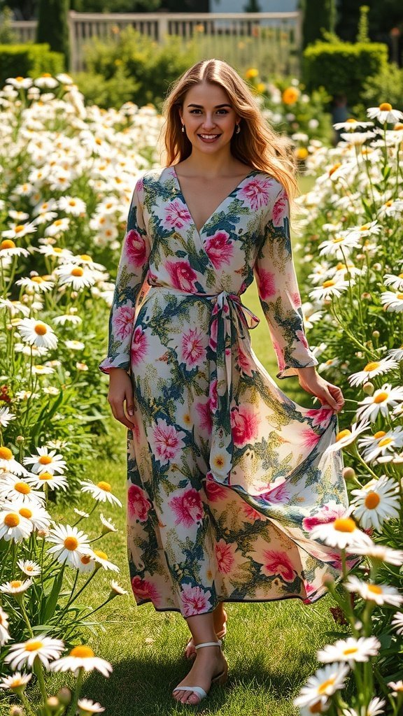 Une femme souriante portant une robe portefeuille midi fleurie dans un champ de marguerites.