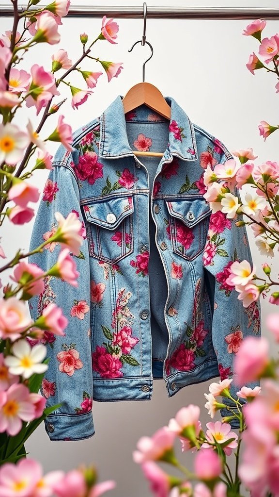 Une veste en jean à imprimé floral suspendue parmi des fleurs roses.