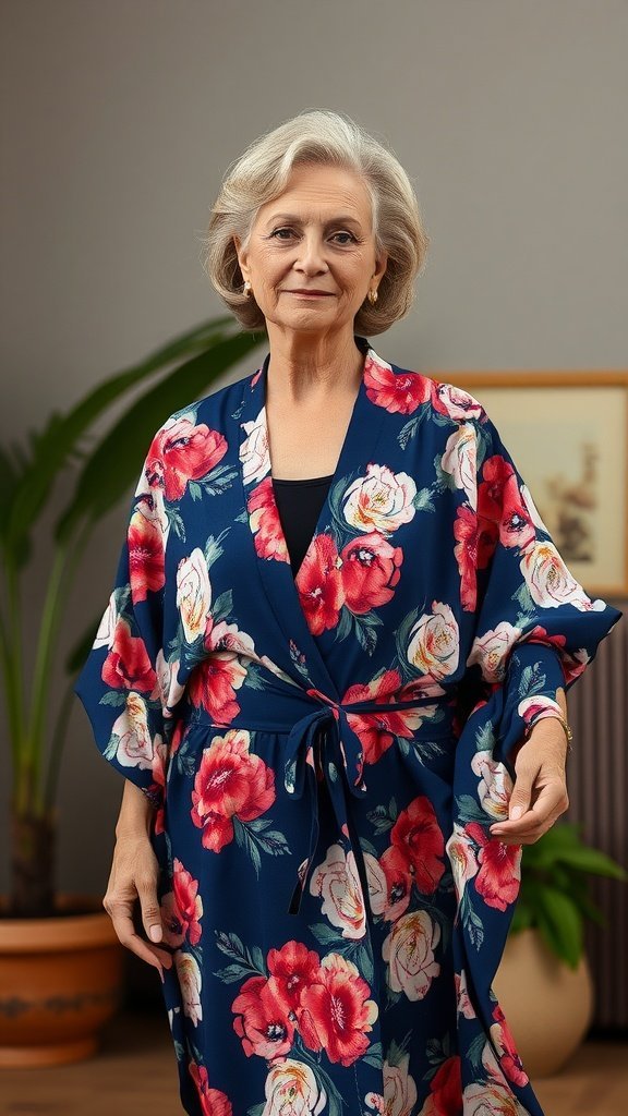 Un kimono à imprimé floral présenté sur un mannequin entouré de fleurs roses.