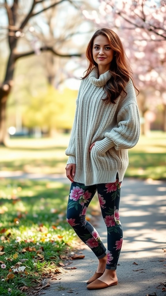 Une femme se tient sur un chemin, vêtue d'un legging à imprimé floral et d'un pull surdimensionné, entourée d'arbres.