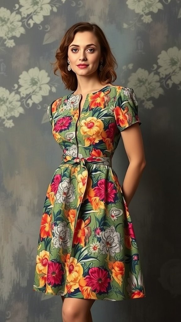 Une robe fleurie longue jusqu'au genou présentée sur un mannequin au milieu de la verdure.