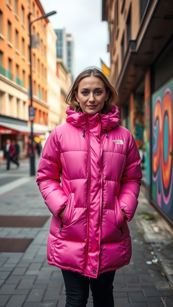 Une femme portant une doudoune rose fuchsia dans une rue de la ville.