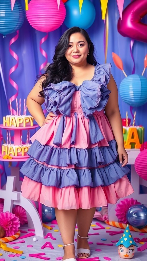 Un mannequin portant une robe amusante à volants rose et bleu avec un nœud, entourée de décorations colorées