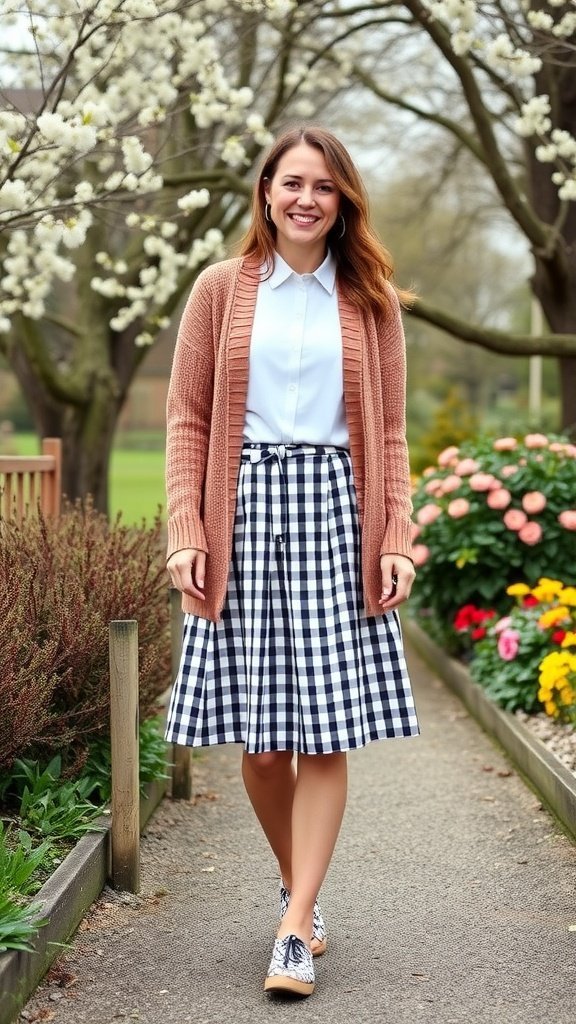 Femme portant une jupe à carreaux vichy et un cardigan léger marchant dans un jardin.
