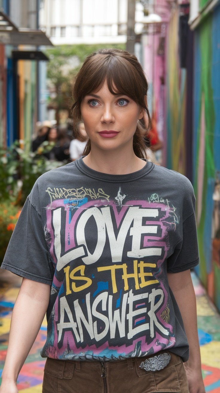 Une personne portant un t-shirt inspiré des graffitis avec la phrase « L'amour est la réponse » dans un design coloré.