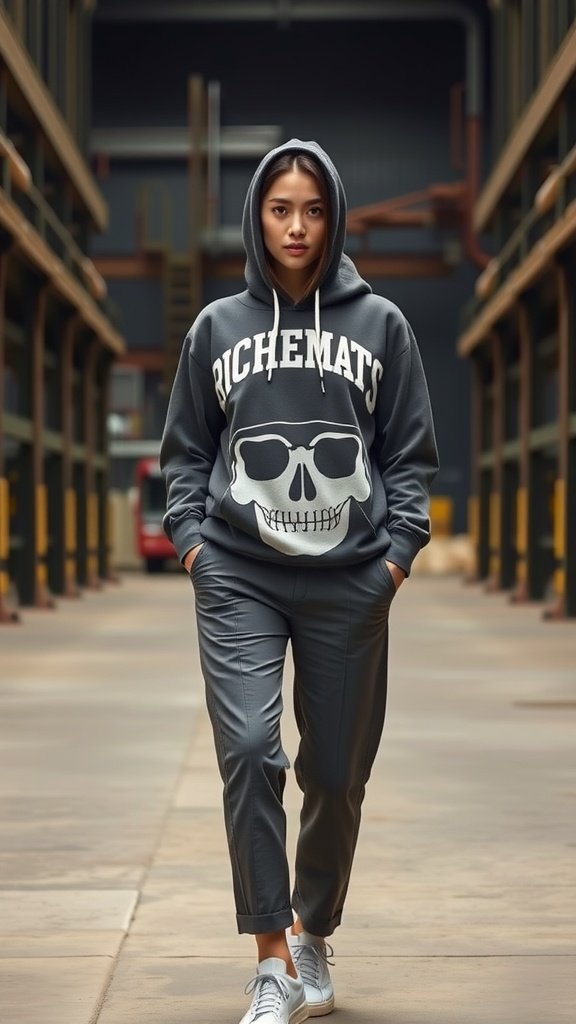 Une jeune femme marchant avec assurance dans un sweat à capuche graphique avec un motif de tête de mort, associé à un pantalon sur mesure et des baskets blanches dans un cadre industriel.