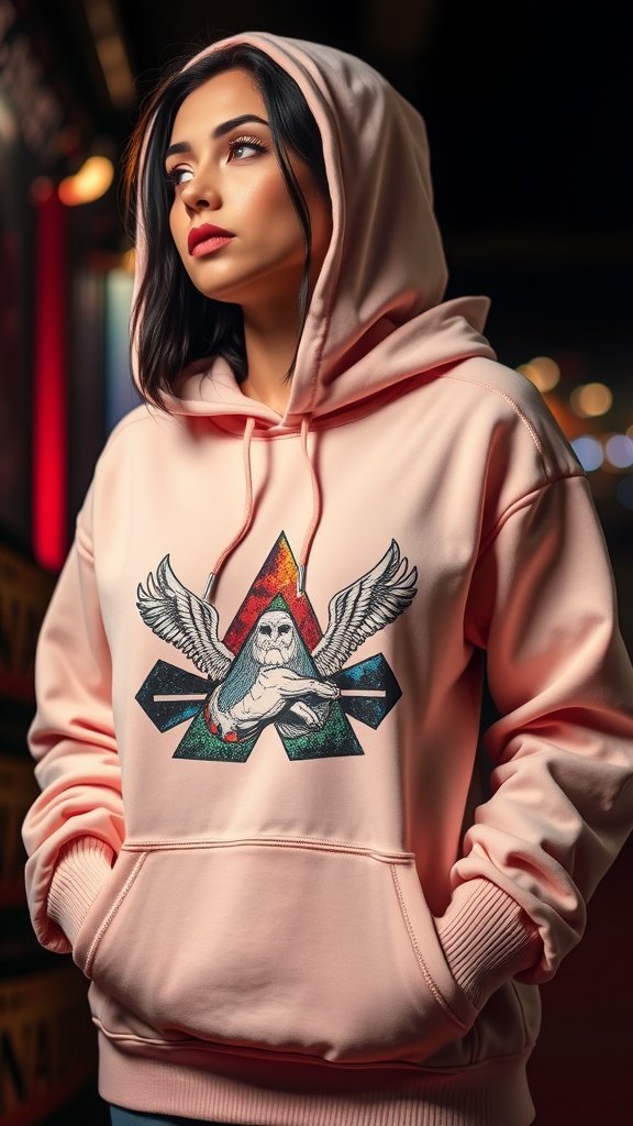 Une personne portant un sweat à capuche à imprimé graphique avec des motifs floraux, assise sur un banc de parc.