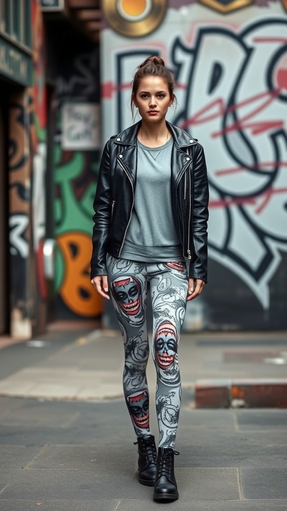 Une personne portant des leggings à imprimé graphique et une veste en cuir marchant dans un environnement urbain.