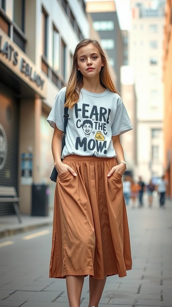 Une adolescente portant un t-shirt graphique et une jupe midi, marchant dans une rue de la ville.