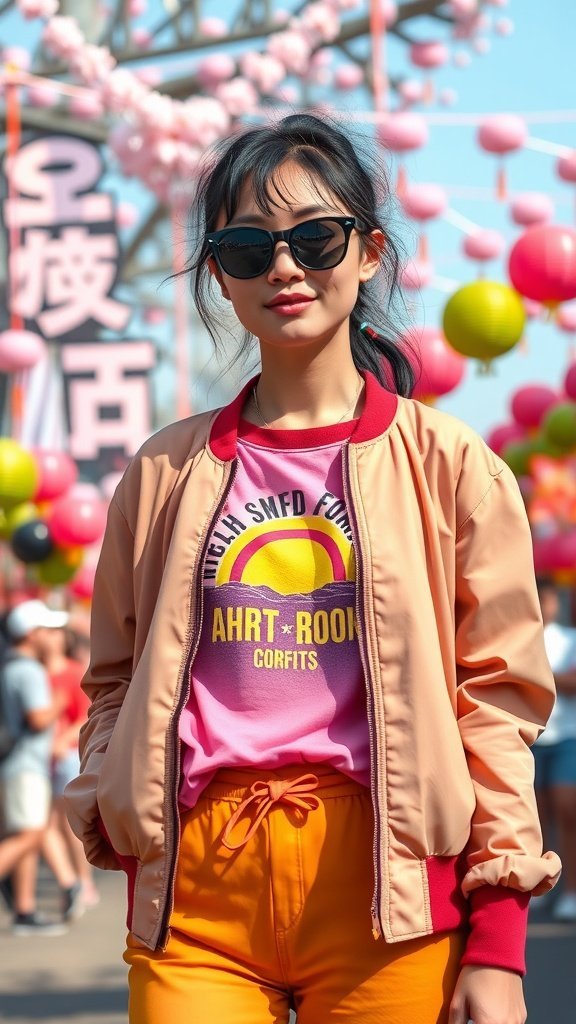 Une jeune femme portant un t-shirt graphique rose et une veste bomber beige, souriant tout en se tenant debout dans un décor extérieur festif.