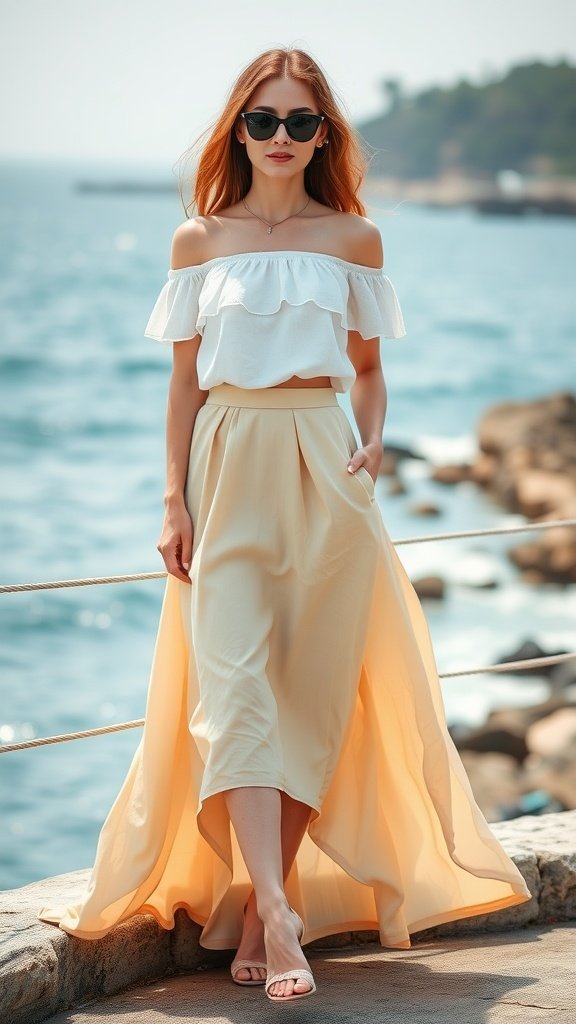 Une femme portant un haut blanc à épaules dénudées et une jupe beige haute-basse, posant au bord de la mer.