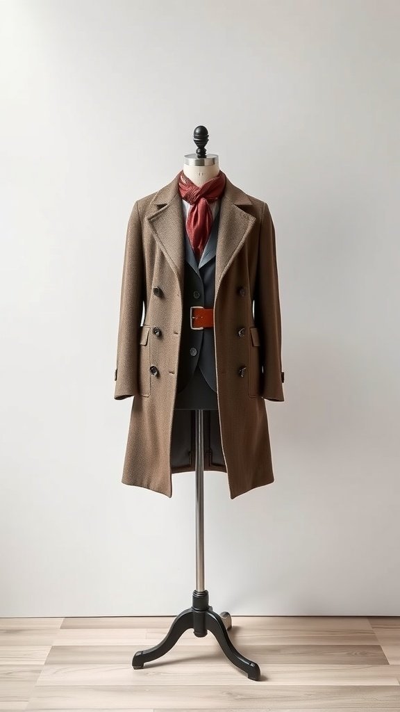 Une tenue élégante sur un mannequin comprenant un manteau marron, un costume sur mesure et une écharpe rouge.