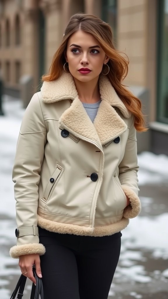 Veste doublée de peau de mouton ivoire exposée sur une chaise près d'une fenêtre.