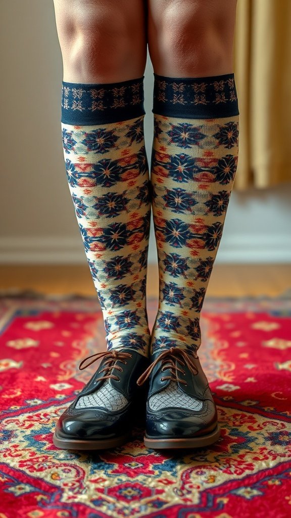 Une personne portant des chaussettes à motifs jusqu'aux genoux avec des chaussures élégantes, debout sur un tapis décoratif.