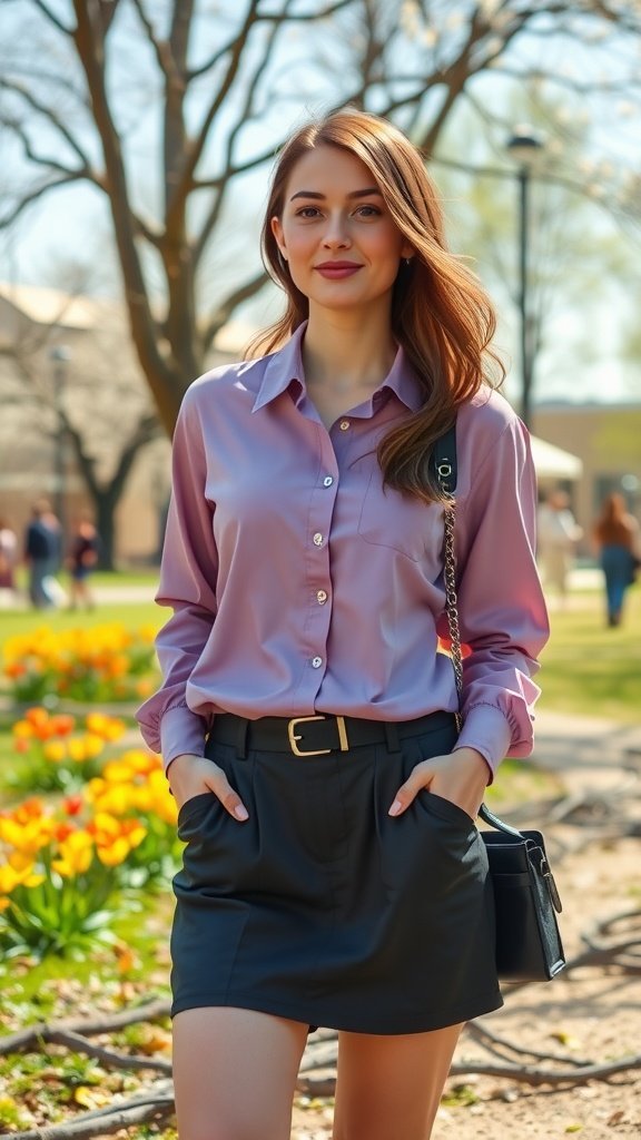Une femme portant une chemise à col à lacets et une jupe-short, debout dans un parc avec des fleurs en arrière-plan.