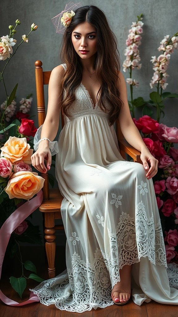 Un mannequin assis dans une robe longue vintage avec bordure en dentelle entourée de fleurs.