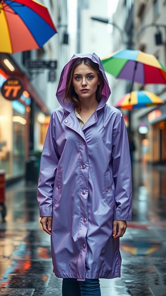 Une femme portant un imperméable lavande se tient dans une rue de la ville avec des parapluies colorés au-dessus de sa tête.