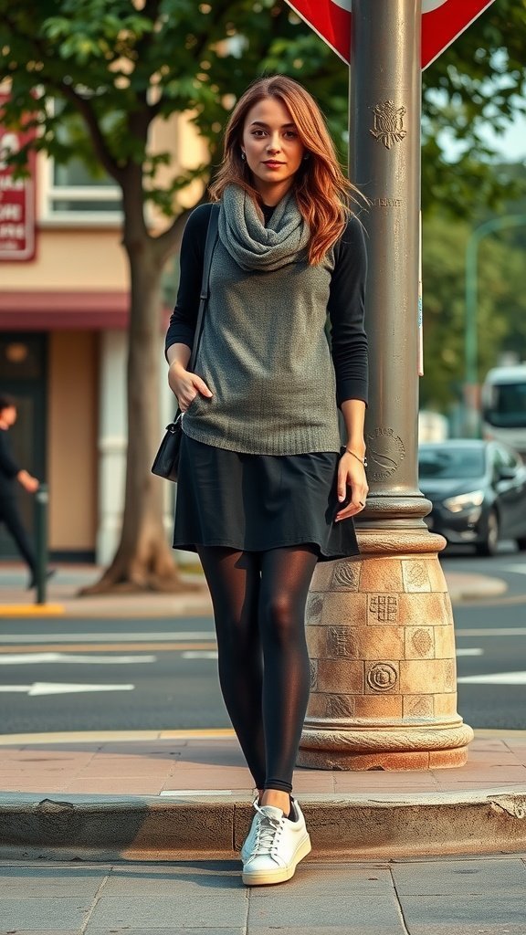 Une femme portant une robe superposée avec des collants et des baskets, debout près d'un panneau de signalisation.