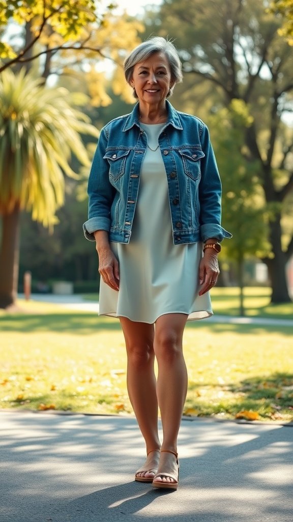 Une femme de plus de 50 ans portant une veste en jean sur une robe légère, debout dans un parc