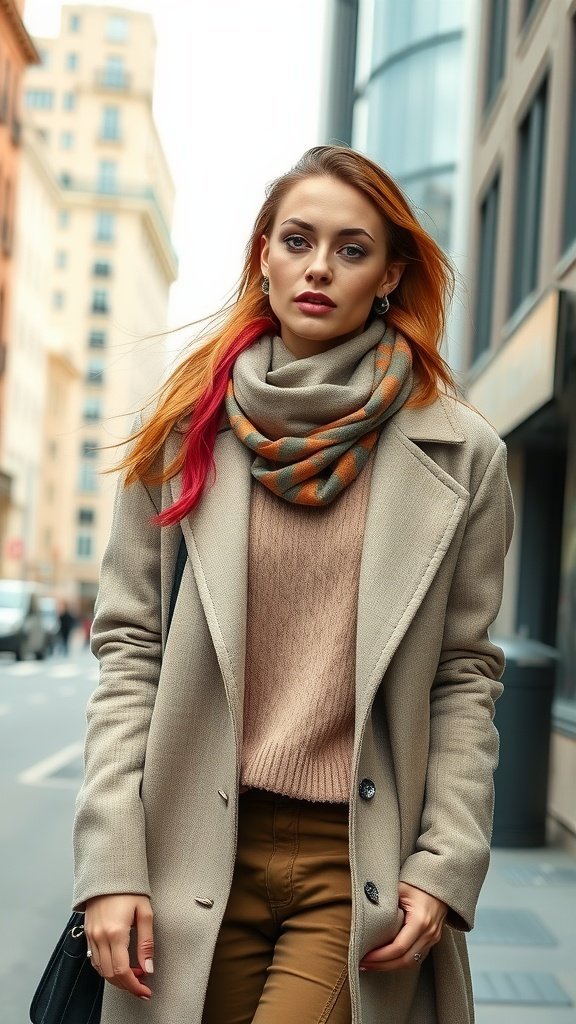 Une femme portant un manteau beige et un pantalon marron avec une écharpe à motifs, présentant des tons neutres superposés avec des reflets roses dans ses cheveux.