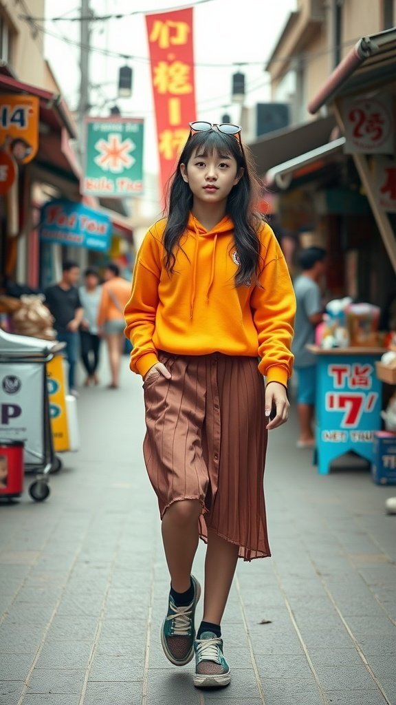Une adolescente portant un sweat à capuche orange vif et une jupe marron à plusieurs épaisseurs marchant dans un marché de rue animé.