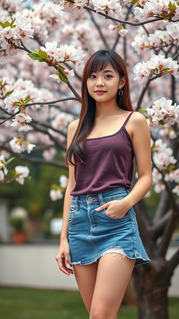 Une jeune fille portant un débardeur superposé et une jupe en jean se tient parmi des fleurs en fleurs.