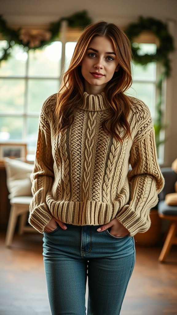 Une femme portant un pull en tricot confortable et un jean vintage, souriant dans une pièce chaleureuse et accueillante.