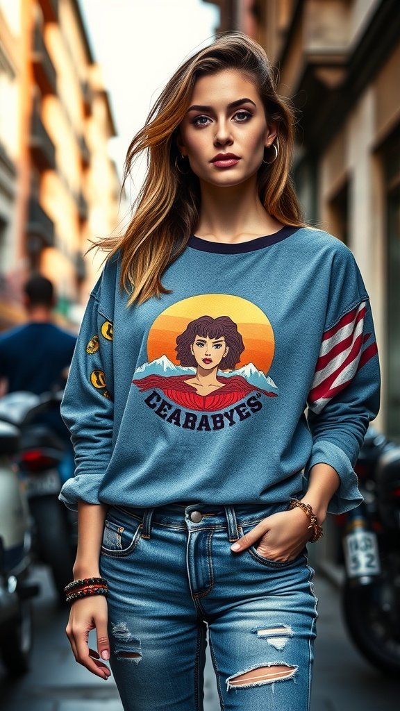 Une jeune femme élégante portant une surchemise graphique sur un jean en denim, debout dans une rue de la ville.