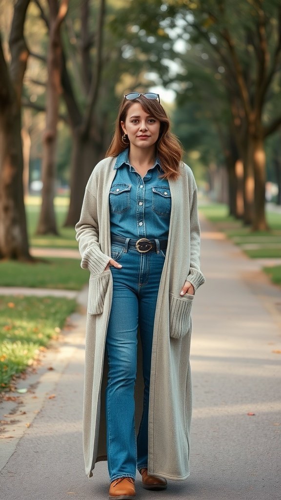 Une personne portant un long cardigan sur un jean, marchant dans un parc.