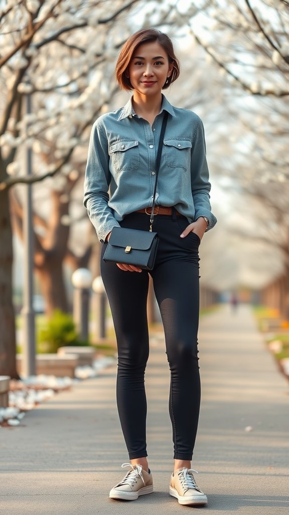 Une femme portant une chemise boutonnée et des leggings, debout à l'extérieur avec des arbres en arrière-plan.