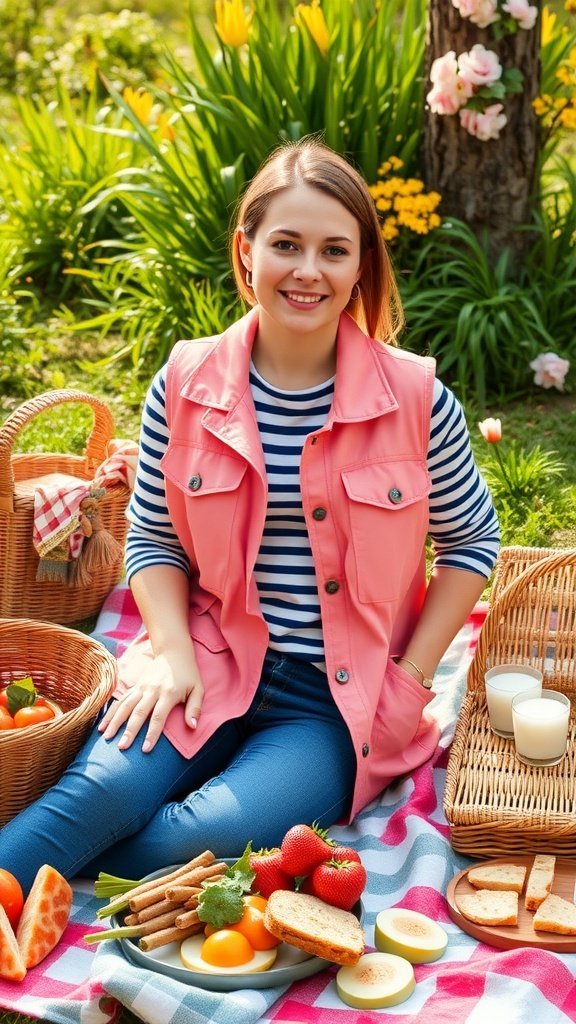 Une femme assise sur une couverture de pique-nique, portant un gilet utilitaire corail clair sur une chemise rayée.