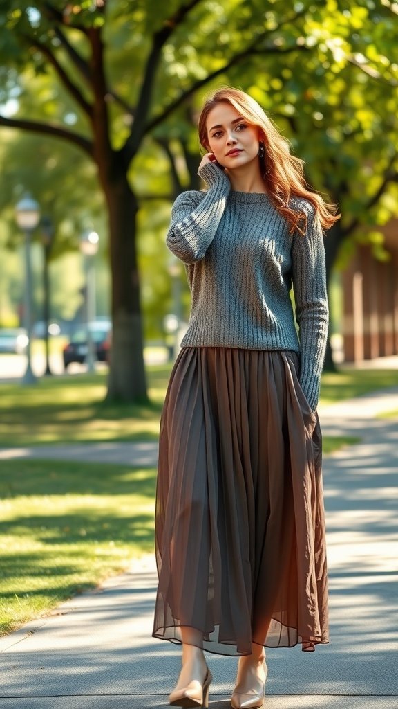Une femme portant un pull en tricot léger et une jupe midi, marchant dans un parc avec des arbres en arrière-plan.