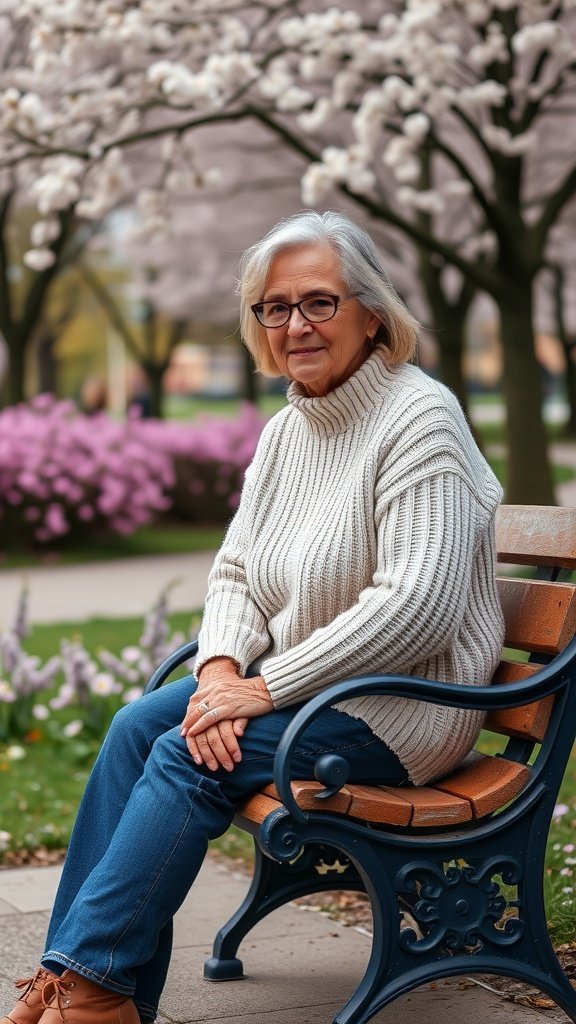 Une femme assise sur un banc de parc portant un pull surdimensionné confortable avec un sourire agréable.